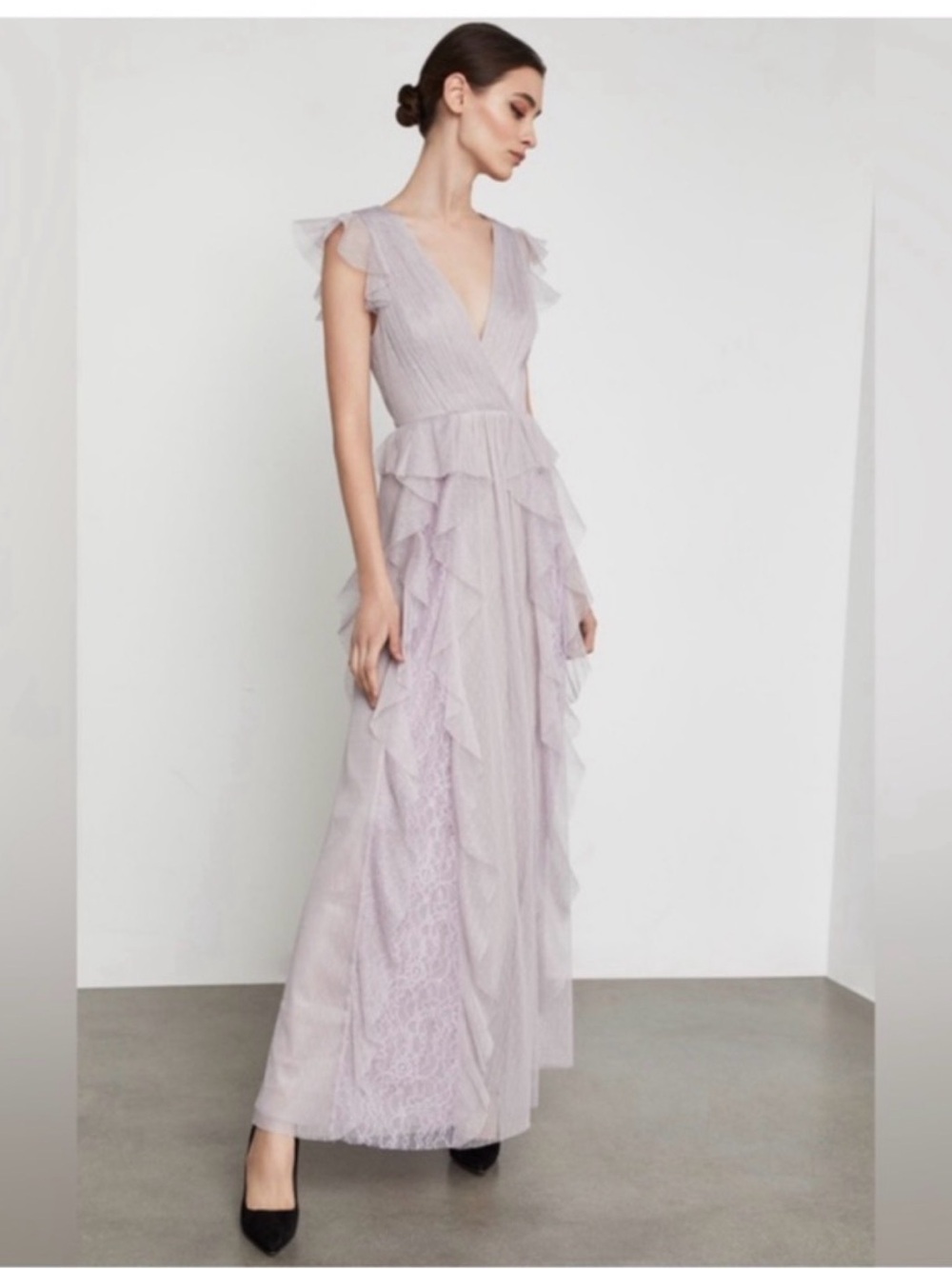 BCBGMaxAzria Lavender Ruffle Tiered Maxi Dress